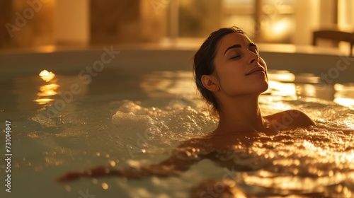 A youthful woman luxuriating in a jacuzzi, indulging in a blissful spa experience 