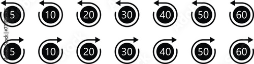 10 to 60 seconds rewind and fast forward icon, symbol. Audio or video player playback buttons, symbol, signs collection. Vector illustration