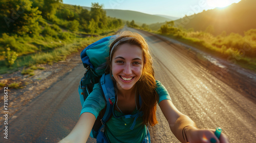 A smailing traveler girl with bagpack, morning light