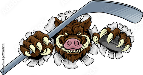 A wild boar, hog razorback warthog pig hockey sports cartoon mascot