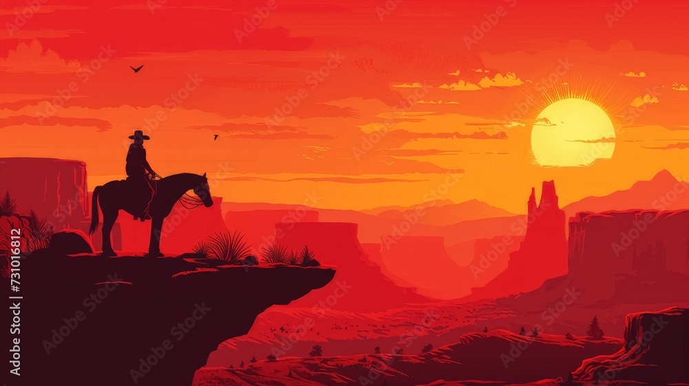 Silhouette donning a cowboy hat emerges amidst the backdrop of a captivating sunset.
