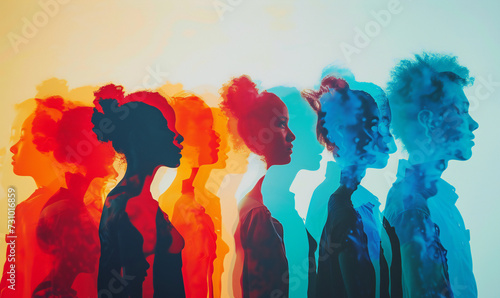 Different colored silhouettes of people symbolizing diversity and uniqueness on abstract background. photo
