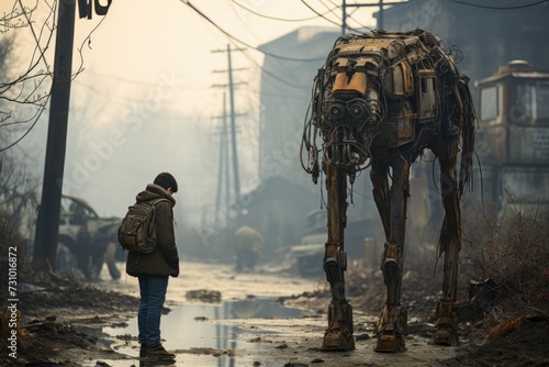 Boy stands on desolate street facing a colossal dog-shaped robot, illustrating the repercussions of totalitarianism. photo