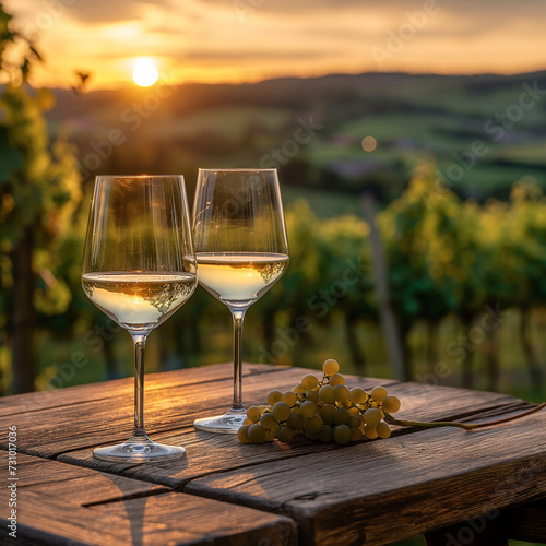 Two white glasses are placed on a wooden table. Behind is a beautiful vineyard in the evening. , ai generated.