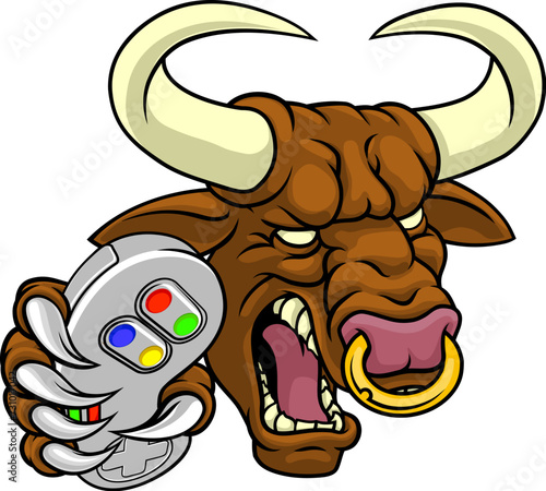 A bull or Minotaur monster longhorn cow angry mean video game gamer mascot cartoon character.