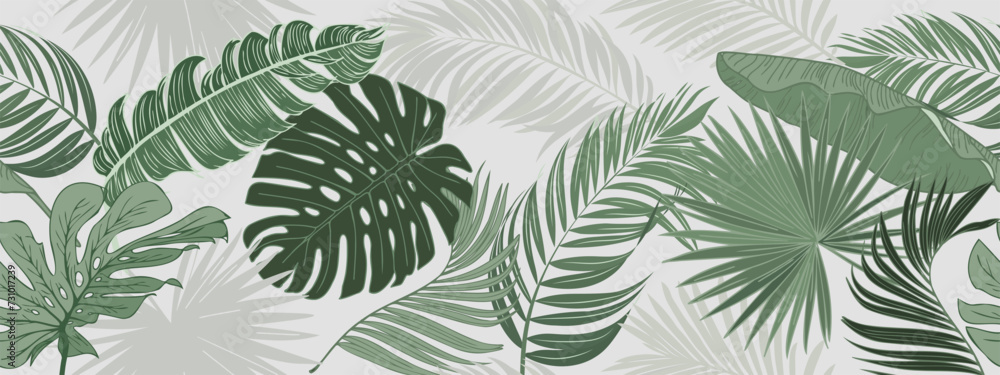 Botanical background. Tropical plant wallpaper with foliage, palm, leaves, monstera in hand drawn pattern. Green design for cover, prints, wall art, decorative.