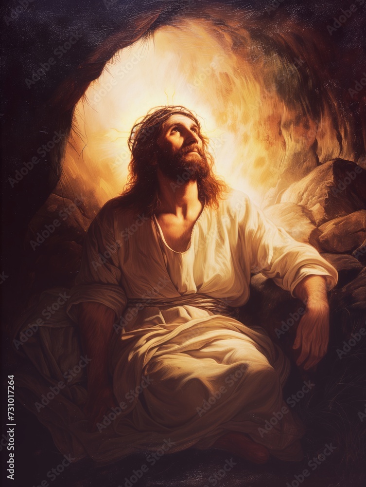 Jesus Christ in Meditation, Illuminated by Divine Light Amidst the Rocks, Symbolizing Resurrection and Hope Jesus Christ in Meditation, Illuminated by Divine Light Amidst the Rocks, Symbolizing Resurrection and Hope