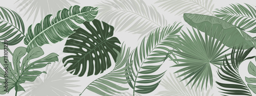 Botanical background. Tropical plant wallpaper with foliage, palm, leaves, monstera in hand drawn pattern. Green design for cover, prints, wall art, decorative.