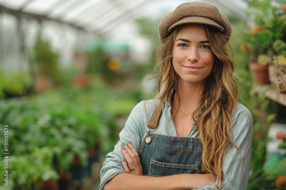 Portrait of a mature woman farmer with crossed arms standing in a plant nursery.