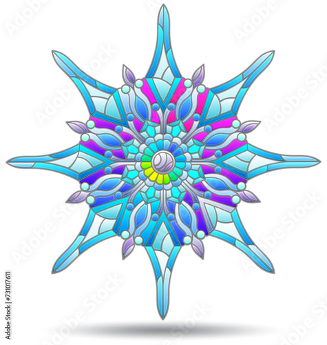 Illustrations in stained glass style with a bright openwork snowflak, isolated on a white background