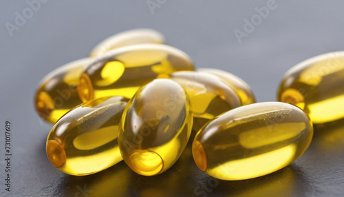 Vitamin E yellow fish oil Omega 3 6 9 capsules super close up macro view 3