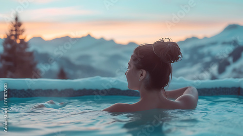 Young woman resting in hot tub with view on mountains in winter