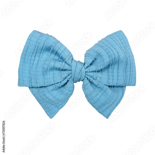 Charming blue cotton textured fabric bow with short tails on a white background. Adds rustic elegance to any project.