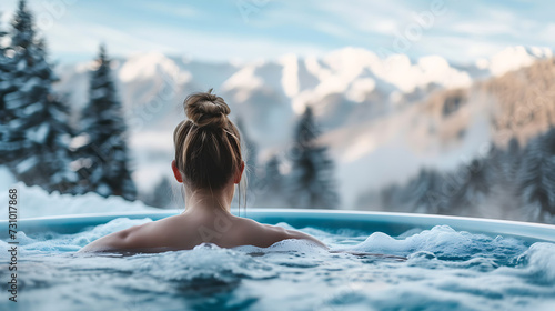 Young woman resting in hot tub with view on mountains in winter