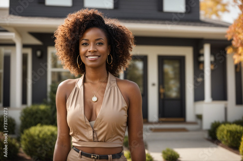 Confident African American female real estate agent stands proudly outside a modern home