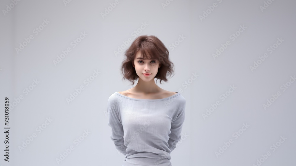 An ultra-realistic depiction of a beautiful young lady standing, clad in an empty white t-shirt with ample space for text, showcased against a white backdrop in a stock photograph. Generative AI. An ultra-realistic depiction of a beautiful young lady standing, clad in an empty white t-shirt with ample space for text, showcased against a white backdrop in a stock photograph. Generative AI.