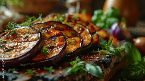 grilled eggplant slices, with a smoky flavor and a touch of herbs, arranged on a dollhouse-inspired vegetarian barbeque scene