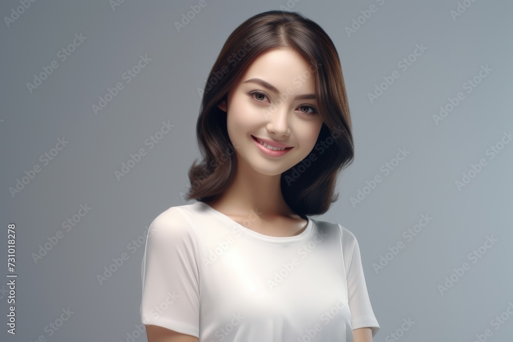 An ultra-realistic depiction of a beautiful young lady standing, clad in an empty white t-shirt with ample space for text, showcased against a white backdrop in a stock photograph. Generative AI. An ultra-realistic depiction of a beautiful young lady standing, clad in an empty white t-shirt with ample space for text, showcased against a white backdrop in a stock photograph. Generative AI.