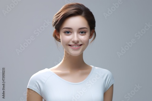 An ultra-realistic depiction of a beautiful young lady standing  clad in an empty white t-shirt with ample space for text  showcased against a white backdrop in a stock photograph. Generative AI.