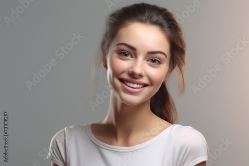 An ultra-realistic depiction of a beautiful young lady standing, clad in an empty white t-shirt with ample space for text, showcased against a white backdrop in a stock photograph. Generative AI.