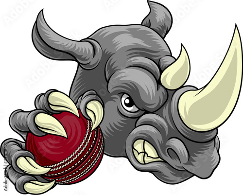 A Rhino Rhinoceros mean tough cartoon sports animal mascot holding a cricket ball