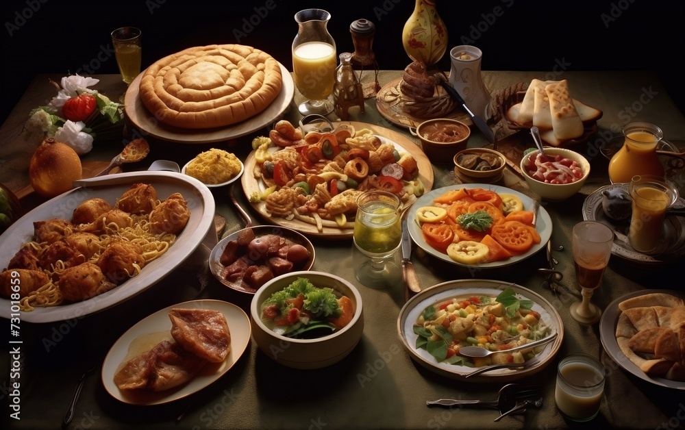 Abundance of Diverse Food on Table