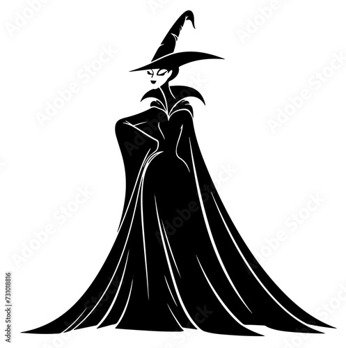 A slender, elegant fairy godmother dresses in a long black robe wearing a witch's hat