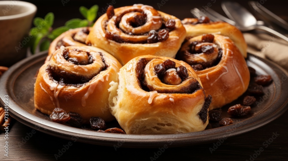 Just baked pain buns raisins. Buns are also called escargot or pain russe, is a spiral pastry with custard cream and raisin. Just baked pain buns raisins. Buns are also called escargot or pain russe, is a spiral pastry with custard cream and raisin.