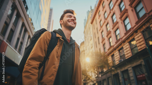 Wallpaper Mural A smailing traveler boy with bagpack, morning light Torontodigital.ca