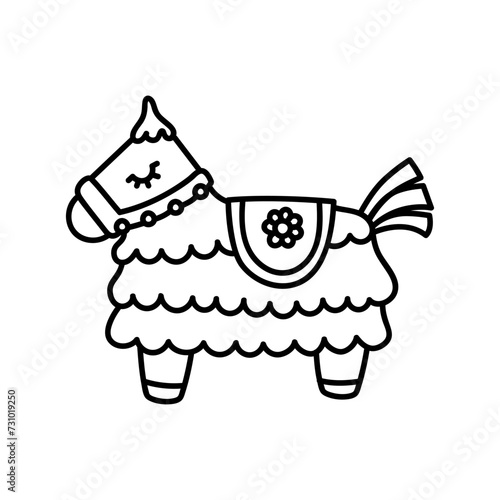 An adorable donkey-shaped pinata illustration, perfect for festive celebrations and birthday parties. Outline vector graphic captures the joy and tradition of Mexican culture, a playful decoration