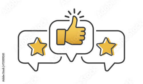 Two Star Rating with thumbs up icon. Rating stars badges customer positive feedback for quality service. 