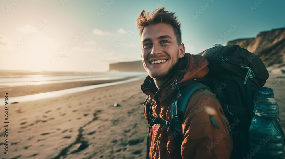 A smailing traveler boy with bagpack, morning light - obrazy, fototapety, plakaty 