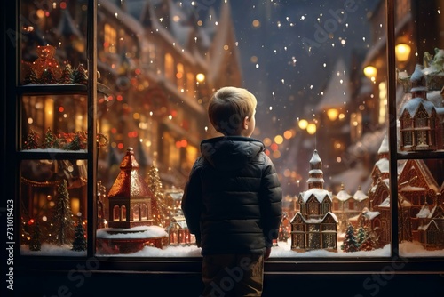 A little boy stands in front of the window of a large store and looks at toys, New Year, holiday