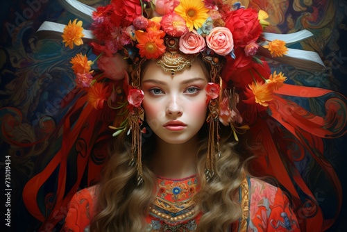 Close-up of beautiful woman wearing carnival handcrafted headdress made of feathers and flowers. Beauty, art and fashion.