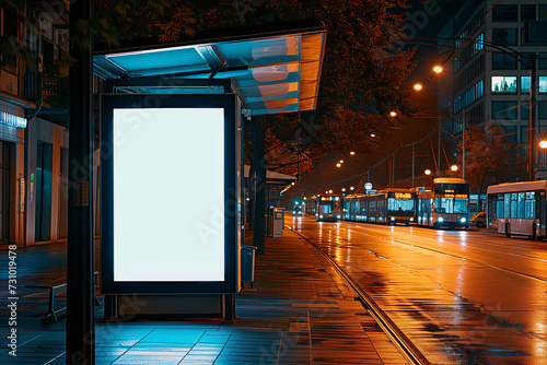Public Transit Advertisement: Blank Billboard at a Tram Stop on a Rainy Evening