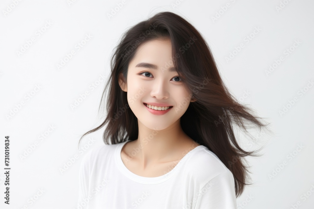 a radiant and cheerful Asian lady dons a white tee t-shirt, beaming with happiness while proudly displaying her smile against a plain white backdrop. Generative AI. a radiant and cheerful Asian lady dons a white tee t-shirt, beaming with happiness while proudly displaying her smile against a plain white backdrop. Generative AI.