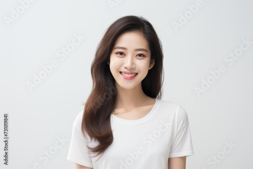 a radiant and cheerful Asian lady dons a white tee t-shirt, beaming with happiness while proudly displaying her smile against a plain white backdrop. Generative AI.