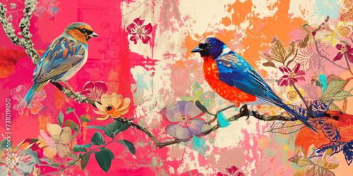 Pop art collage. Flowers, birds in the jungle. Wildlife banner