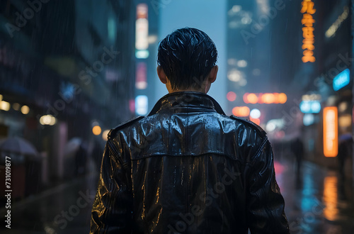 Handsome asian man wearing black leather jacket in the city