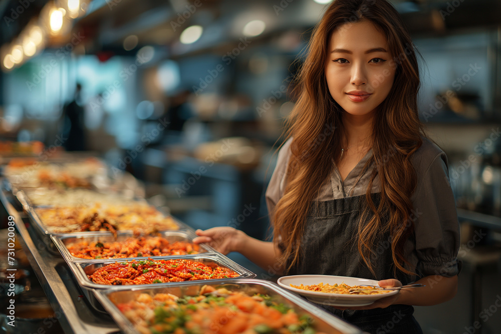 Woman taking food in a plate while standing at the buffet table Woman taking food in a plate while standing at the buffet table