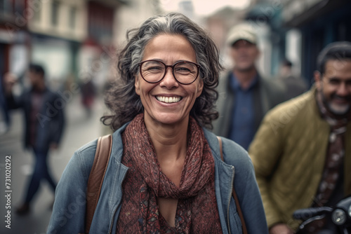 portrait of a smiling middle aged South American woman with glasses photo