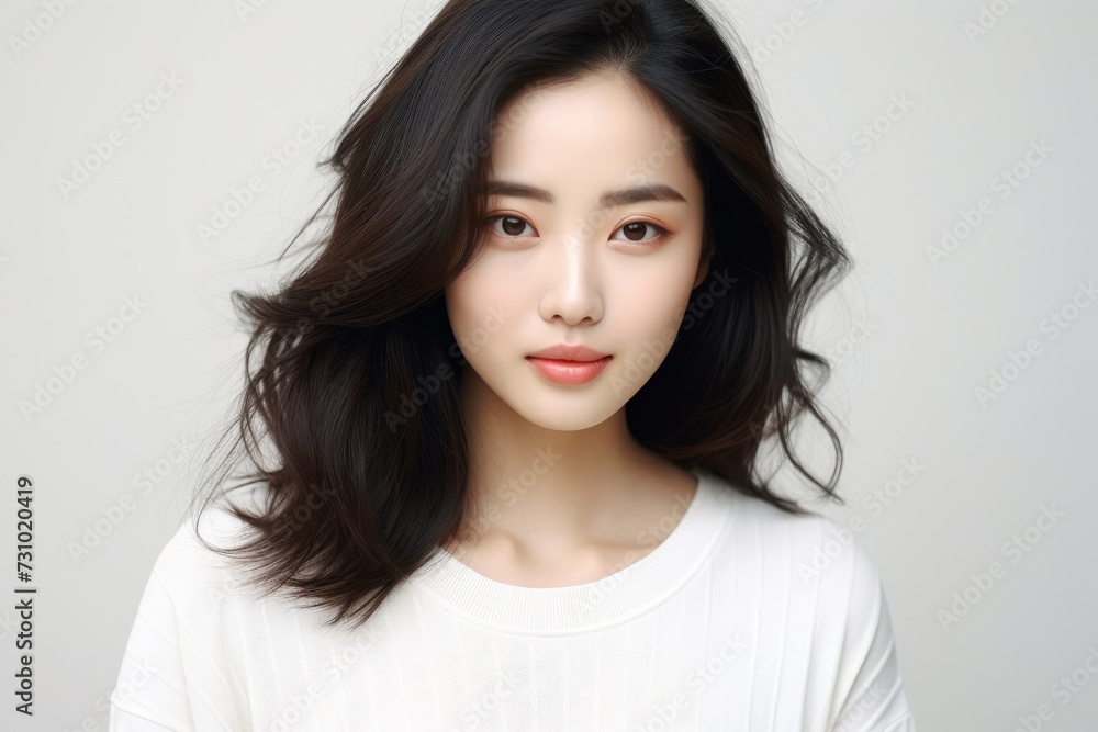 an exuberant and delightful Asian woman wears a white t-shirt, radiating joy as she showcases her smile on a blank white background. Generative AI. an exuberant and delightful Asian woman wears a white t-shirt, radiating joy as she showcases her smile on a blank white background. Generative AI.