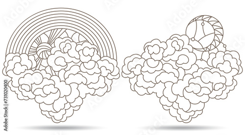 Set of contour illustrations of stained-glass Windows with celestial landscapes,square images, dark contours on a white background