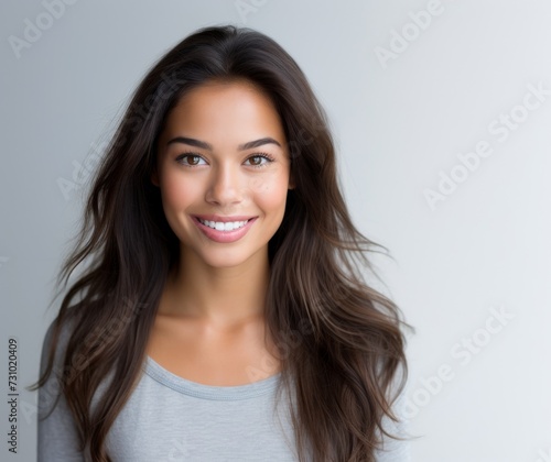 an exuberant and delightful Asian woman wears a white t-shirt, radiating joy as she showcases her smile on a blank white background. Generative AI.