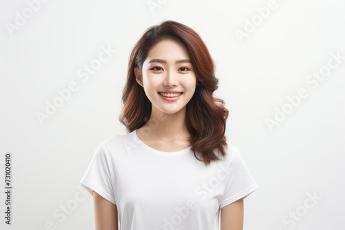 an exuberant and delightful Asian woman wears a white t-shirt, radiating joy as she showcases her smile on a blank white background. Generative AI.