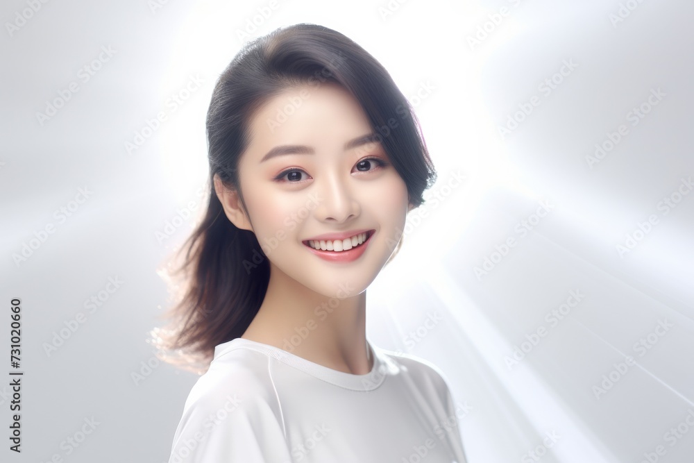 Asian female, wearing a white t-shirt, beams with delight, proudly displaying her smile in a studio environment against a neutral white background. Generative AI. Asian female, wearing a white t-shirt, beams with delight, proudly displaying her smile in a studio environment against a neutral white background. Generative AI.