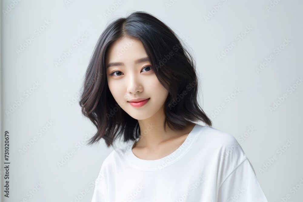 Asian female, wearing a white t-shirt, beams with delight, proudly displaying her smile in a studio environment against a neutral white background. Generative AI. Asian female, wearing a white t-shirt, beams with delight, proudly displaying her smile in a studio environment against a neutral white background. Generative AI.