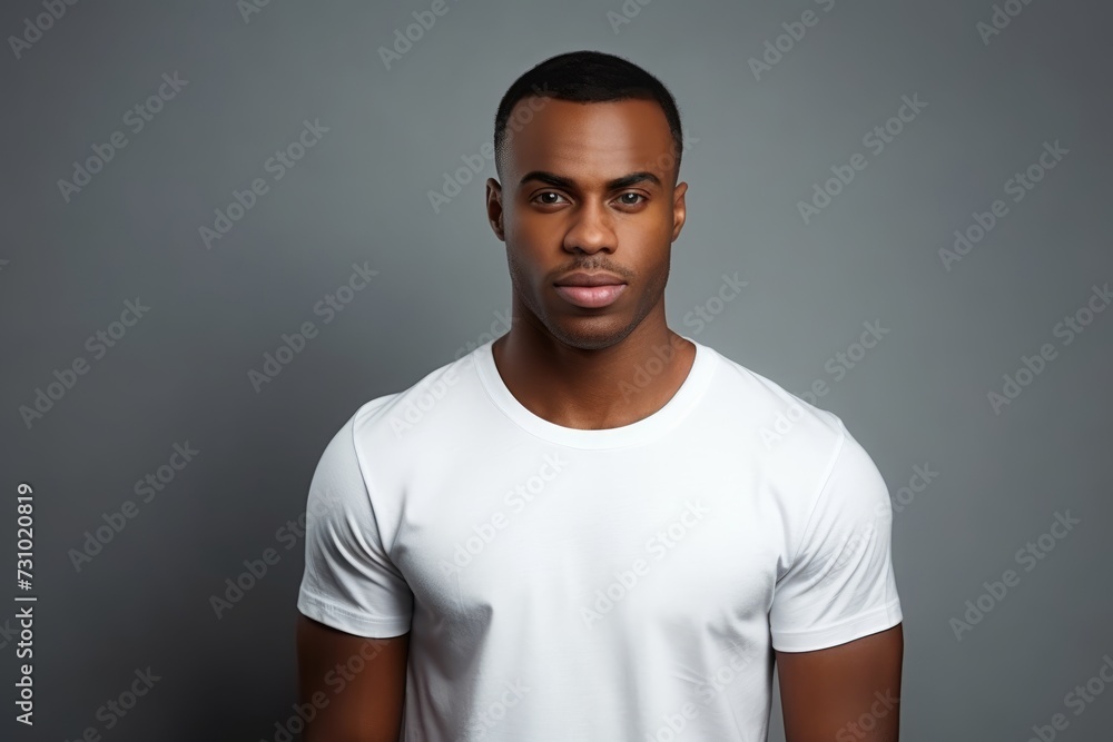 African man with healthy clean skin wearing white t-shirt against gray studio wall with copy space African man with healthy clean skin wearing white t-shirt against gray studio wall with copy space