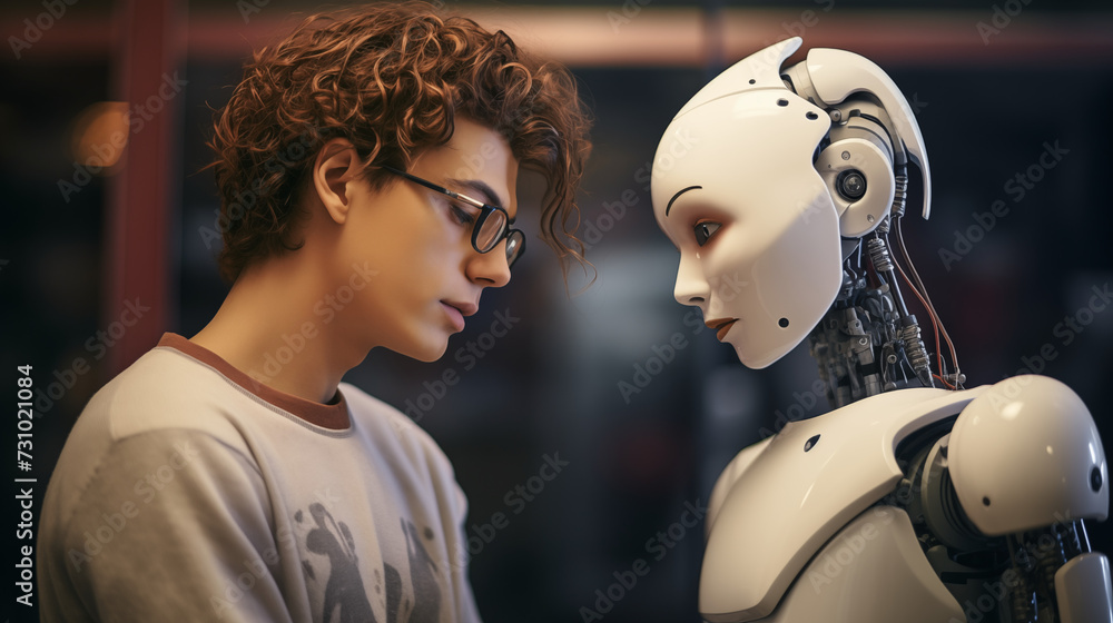 Nerdy young man falling in love with a humanoid robot Nerdy young man falling in love with a humanoid robot