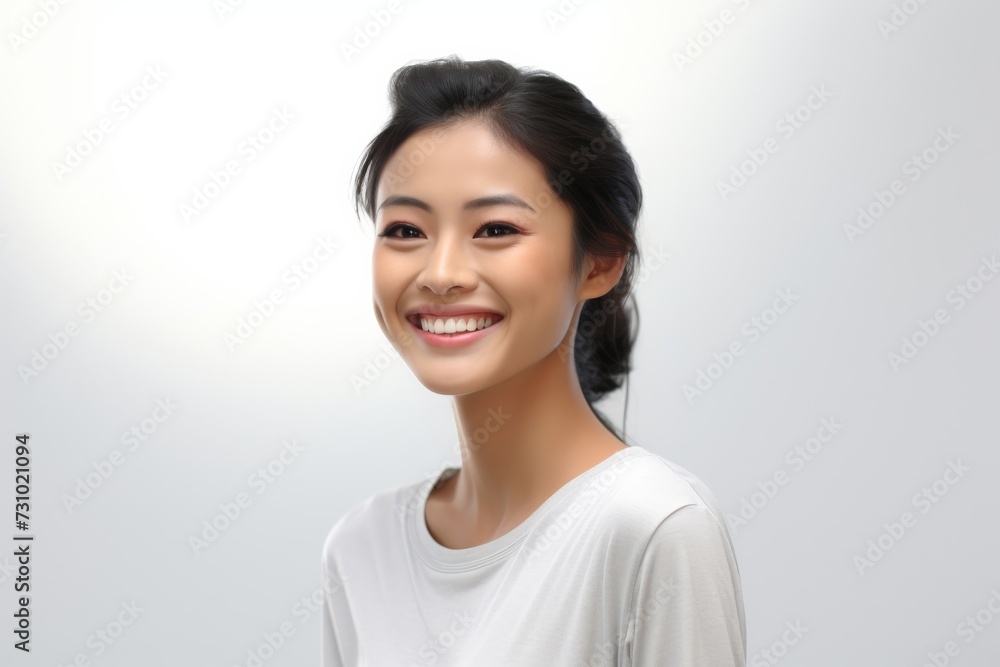 a jubilant and charming Asian lady dons a white tee t-shirt, exuding happiness while flaunting her smile against a plain white backdrop. Generative AI. a jubilant and charming Asian lady dons a white tee t-shirt, exuding happiness while flaunting her smile against a plain white backdrop. Generative AI.